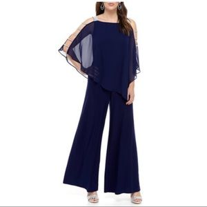 MSK navy jumpsuit with rhinestone ladder-sleeves